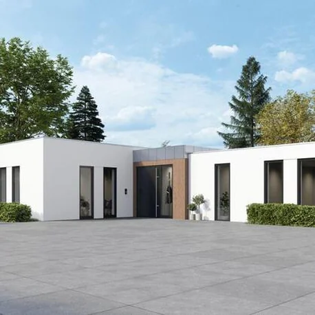 White rendered house with Schüco AD UP 75 doors and matching windows