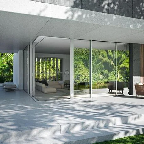 Interior opening through Schüco ASS 39 PD.NI sliding panels onto a garden terrace