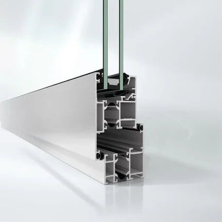 Cross-section render through the AWS 50 aluminium frame showing the thermal break and glazing rebate