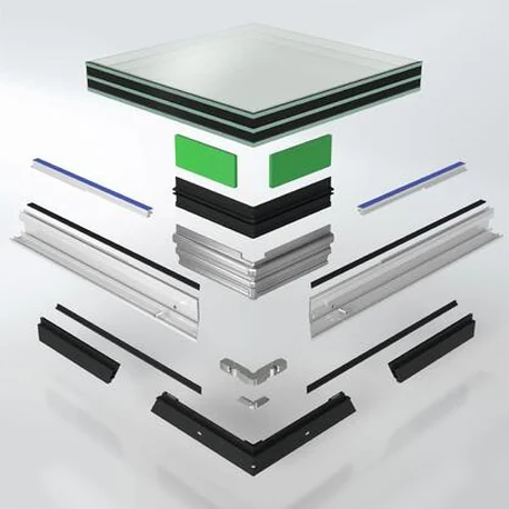 Exploded render of the AWS 75 PD.SI profile, gaskets and glazing components