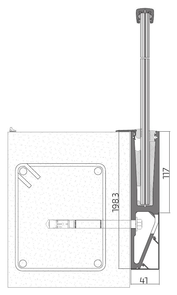 AV balustrade elevation showing the 41 x 120 mm rectangular fixing profile