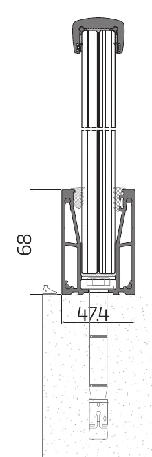 AV balustrade cross-section — base fixing profile and glass channel