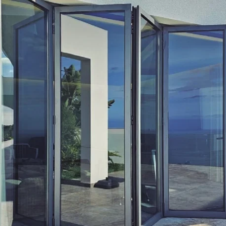 Bi-folding doors, installed detail — the HT sash stack folded back against the reveal