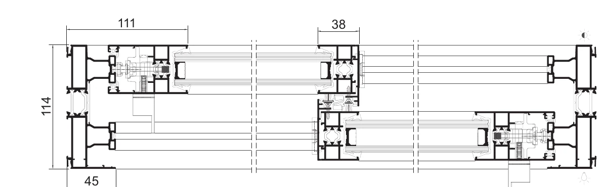 JE detail drawing through the 78 mm and 38 mm perimeter profiles