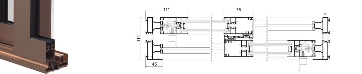 JE cross-section drawings — 111 and 114 mm fixed frames with the 45 mm mobile frame