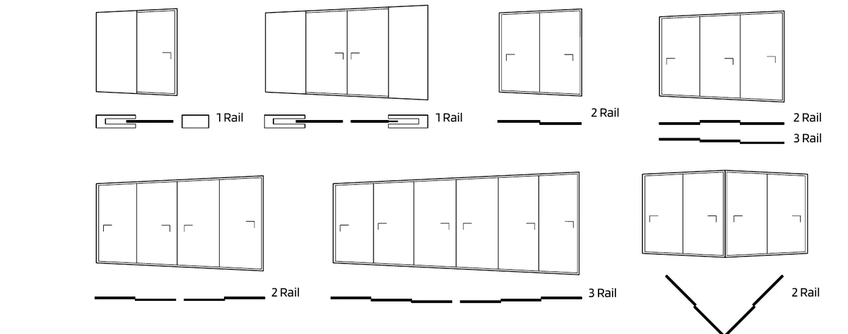 JE typology drawings — 1-rail, 2-rail, 3-rail and combined arrangements