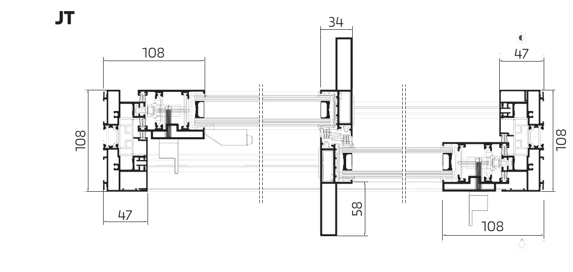JT cross-section drawing — 108 mm fixed frame with the 47 mm mobile frame