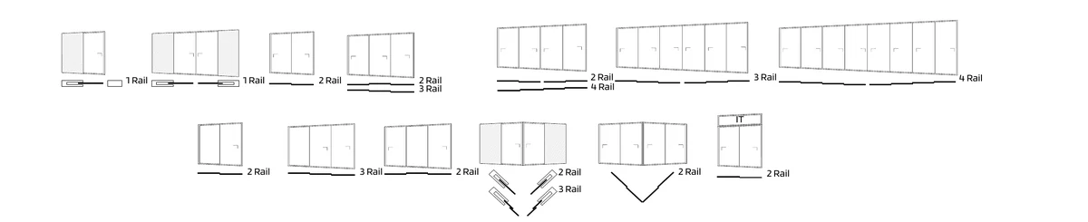 JT typology drawings — 1 to 8 sashes across 2, 3 and 4-rail tracks