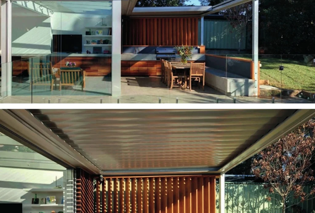 OR bioclimatic pergola with orientable, retractable aluminium louvres over a terrace