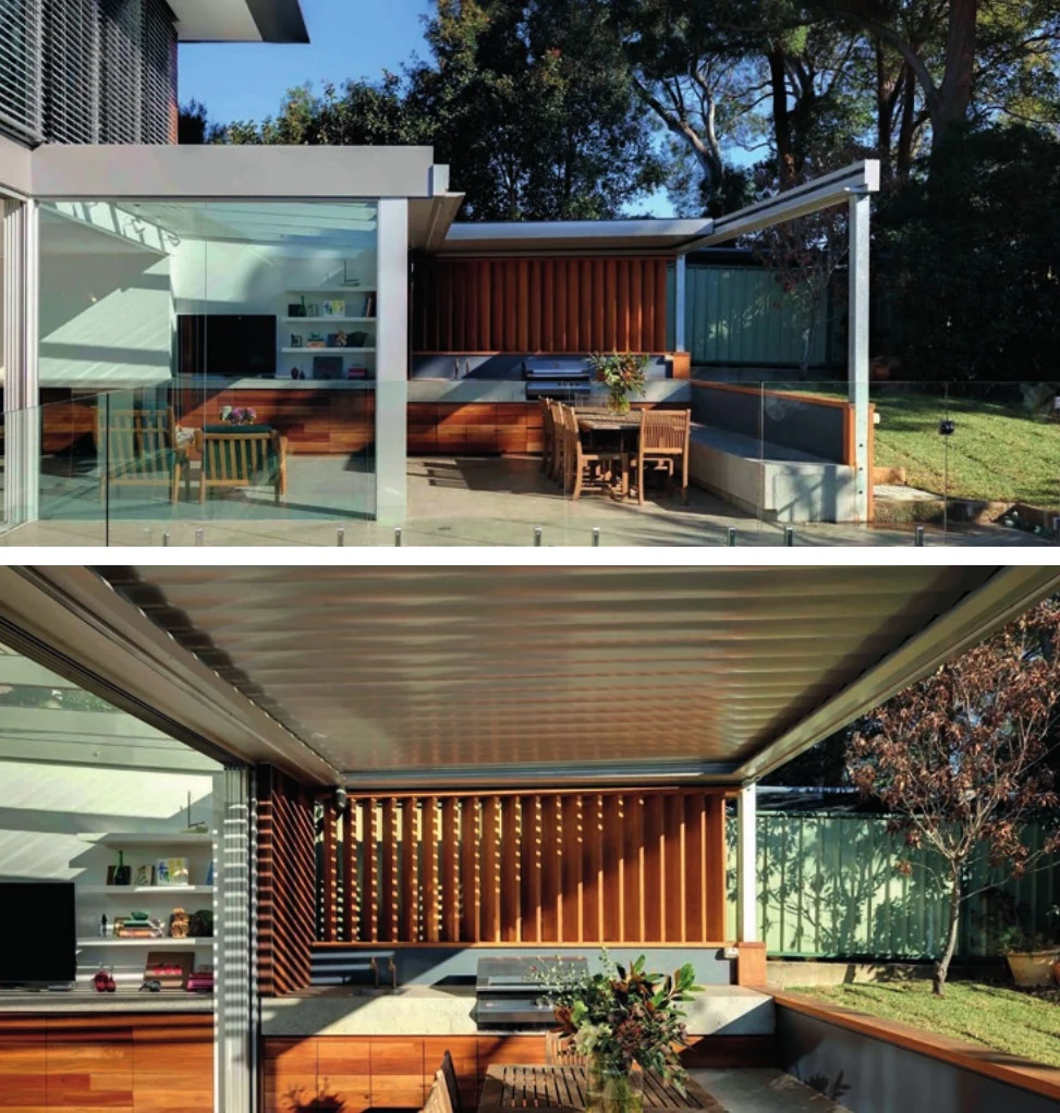 OR bioclimatic pergola with orientable, retractable aluminium louvres over a terrace