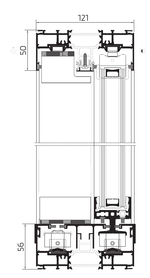 OS-Double+ cross-section drawing — 121 mm fixed frame over a 56 mm sill