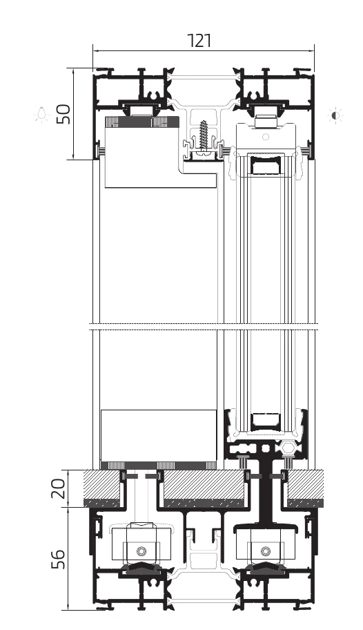 OS-Double+ concealed sill cross-section drawing showing the recessed floor track