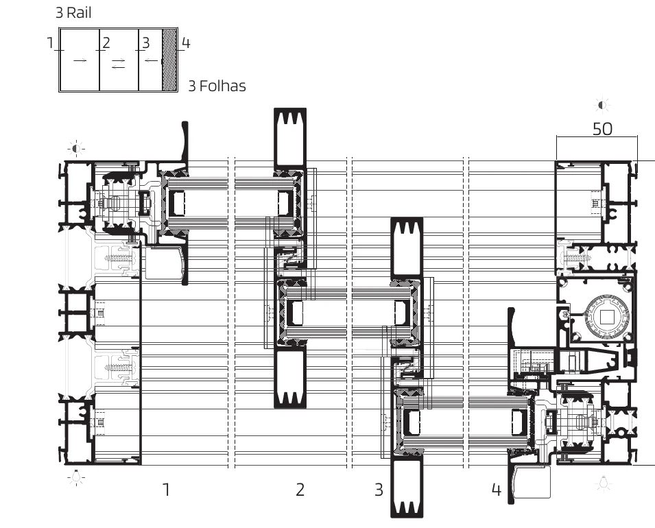 Integrated insect screen drawing — 3-rail, 3-sash cassette detail