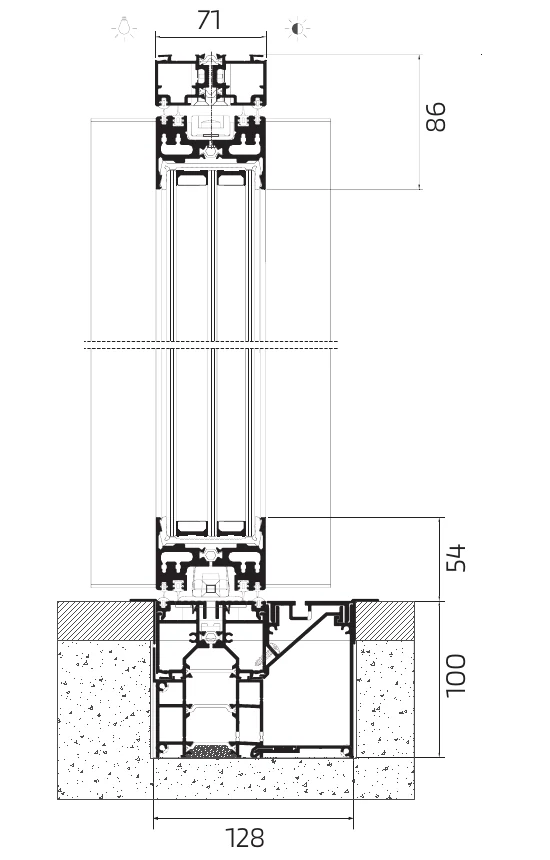 OS-Pivot jamb cross-section drawing — 71 mm frame and sash with the pivot fixing zone