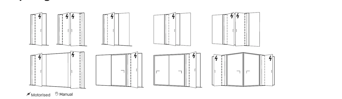 OS-Pivot typology drawings — single-leaf, multi-leaf, sidelight and corner arrangements