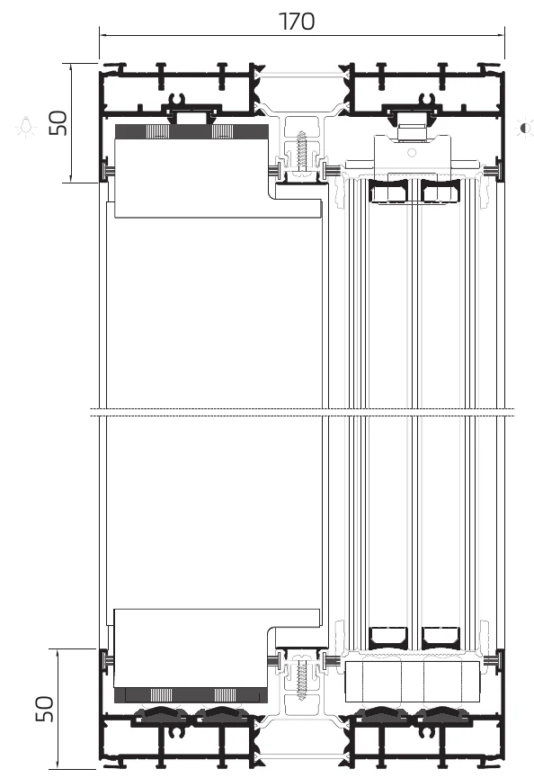 OS-Triple cross-section drawing — 170 mm fixed frame over a 50 mm sill