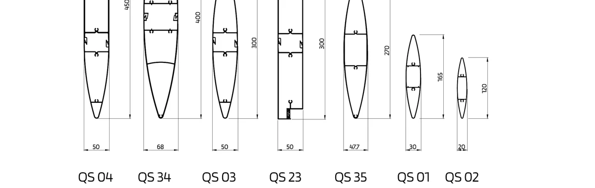 QS louvre cross-sections — QS 01 to QS 04 blade profiles at published widths