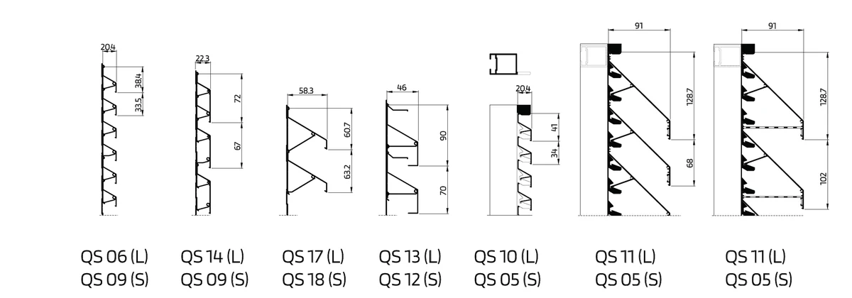 QS ventilation-louvre cross-sections and support profiles