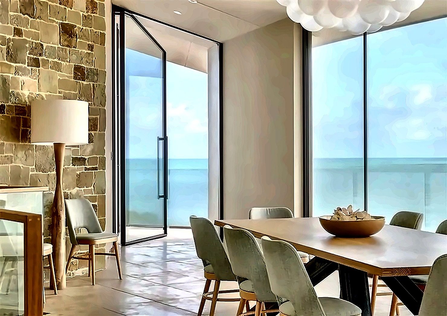 Coastal residence with pivot door and floor-to-ceiling glazing
